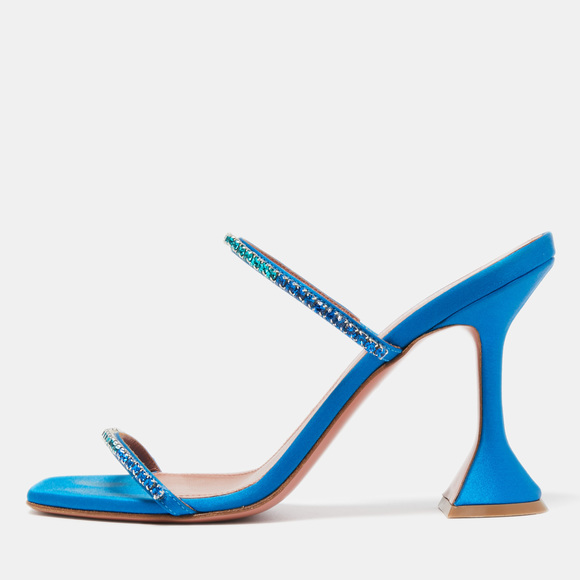 Amina Muaddi Shoes - Amina Muaddi Blue Satin Crystal Gilda  Sandals Size 37.5